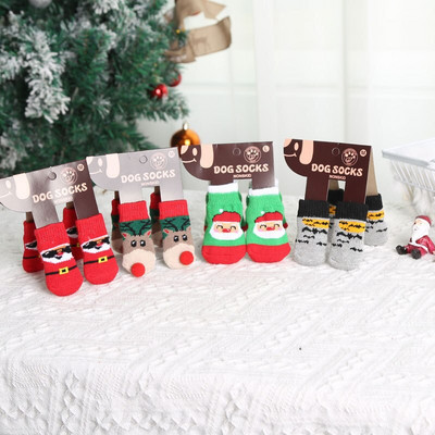4gab/komplekts Ziemassvētku suņu zeķes ziemas siltas mājdzīvnieku zeķes pret slīdēšanu adītas biezas aizsargājošas ķepas pēdas jaukas Ziemassvētku vecīša kucēna kaķa sniega zābaki
