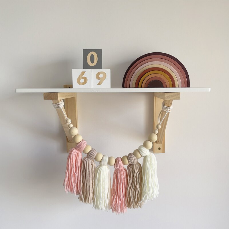 Decorație de ghirlandă cu ciucuri din bumbac boho cu margele de lemn Decor nordic de creșă pentru cort pentru cameră agățat pandantiv accesorii foto