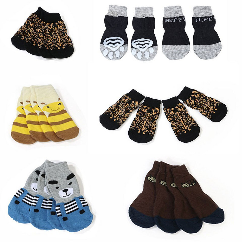 Зимни чорапи против хлъзгане за домашни любимци Топли щамповани карикатури Сладки чорапи за домашни кучета Предпазител за лапи за домашни любимци за малки, средни големи кучета Стоки за домашни любимци