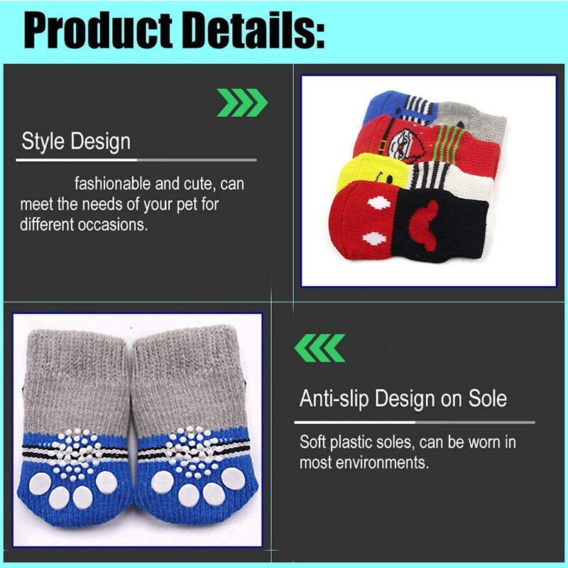 4 ks/sada protišmykových ponožiek pre psov, ponožky pre mačky s gumovou výstužou, chránič labiek pre domáce zvieratá, roztomilé pletené ponožky pre šteniatka, na vnútorné nosenie