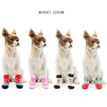4 бр./компл. Противоплъзгащи се чорапи за домашни любимци Меки плетива Топли обувки за кученца Сладък анимационен филм за малки кучета Продукт за домашни любимци S/M/L/XL
