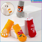 4 ks Zimné teplé protišmykové ponožky pre psov, malé mačky, pletené ponožky pre čivavy, hrubé chrániče labiek, ponožky pre psov, topánočky, príslušenstvo