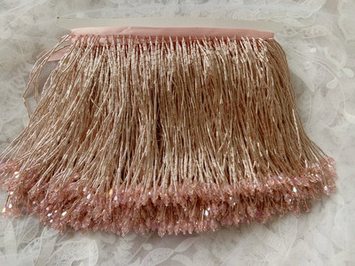 1 ярд Светло розови ресни с мъниста Тапицерия с пискюли за танцов костюм Haute Couture Рокля Подстригване с ресни с мъниста