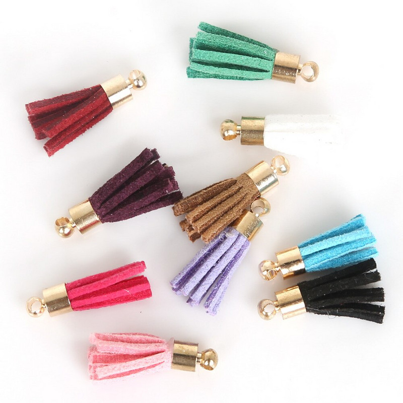 10 ks mini semišových strapcov a zlatých čiapočiek 20 mm prívesky, kožené strapce, prívesok na kľúče/náušnice/mobil/remeslá