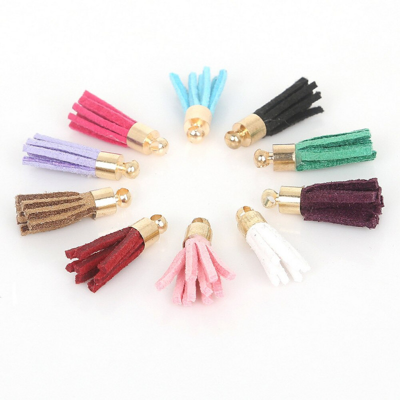 10 ks mini semišových strapcov a zlatých čiapočiek 20 mm prívesky, kožené strapce, prívesok na kľúče/náušnice/mobil/remeslá