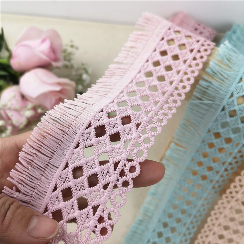 3M 6 cm široka ružičasto plavo siva vez čipkana tkanina obrubljena vrpca DIY šivanje s apliciranim ovratnikom s resicama Dekoracija haljine od gipura