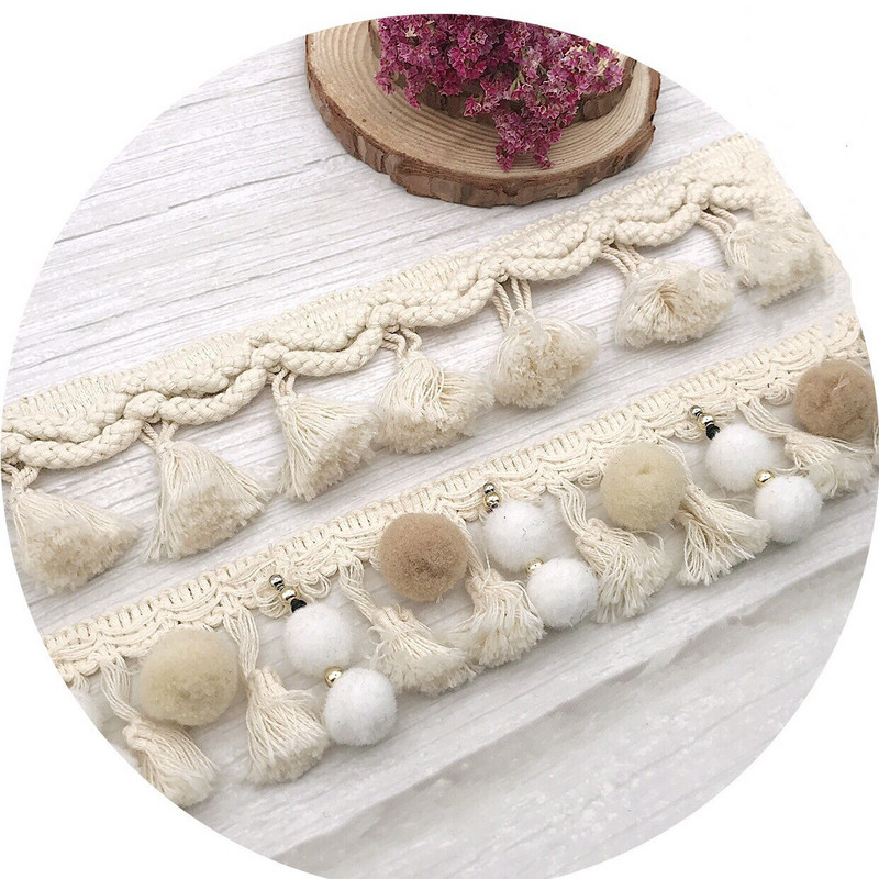 5 jardi/partii 5,5 cm\ 6 cm beež pits tutt narmad Käsitsi valmistatud helmestega pom trimmiga palliga lint DIY tekstiilist kardinakaunistused õmblustarvikud