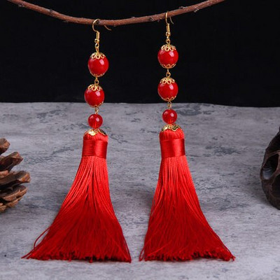 The New National Breeze Bride Jewelry Classical Stage Performance Red Wedding Long Tassel Earrings
