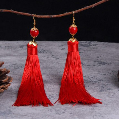The New National Breeze Bride Jewelry Classical Stage Performance Red Wedding Long Tassel Earrings