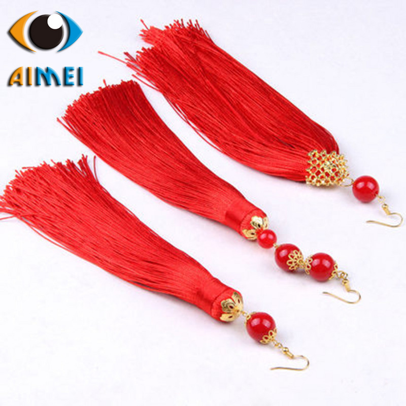 The New National Breeze Bride Jewelry Classical Stage Performance Red Wedding Long Tassel Earrings