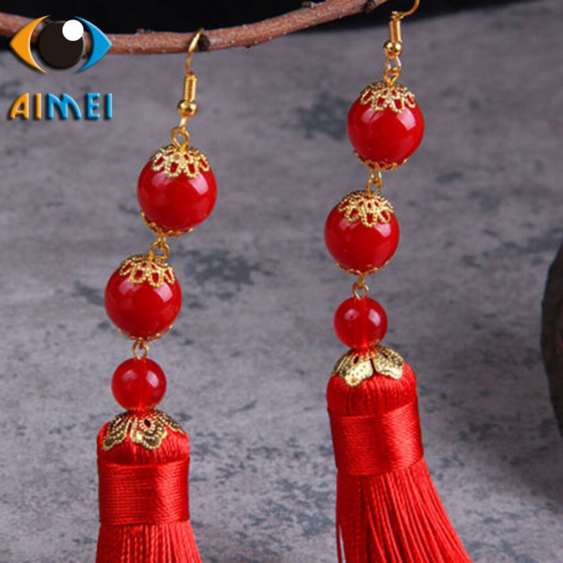 The New National Breeze Bride Jewelry Classical Stage Performance Red Wedding Long Tassel Earrings