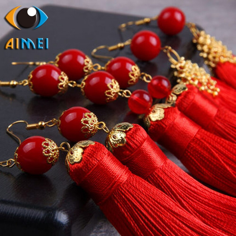 The New National Breeze Bride Jewelry Classical Stage Performance Red Wedding Long Tassel Earrings