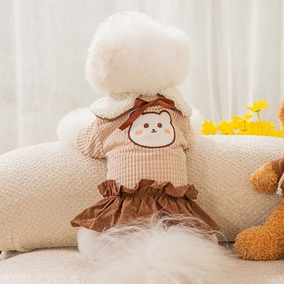 Toamnă și iarnă câine îngroșat cald drăguț urs fustă câine cu eșarfă urs fustă vestă câine pisică rochie rochie câine