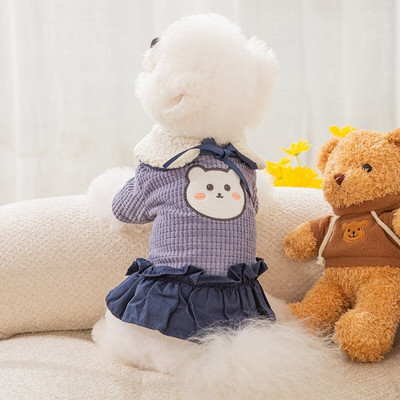 Toamnă și iarnă câine îngroșat cald drăguț urs fustă câine cu eșarfă urs fustă vestă câine pisică rochie rochie câine
