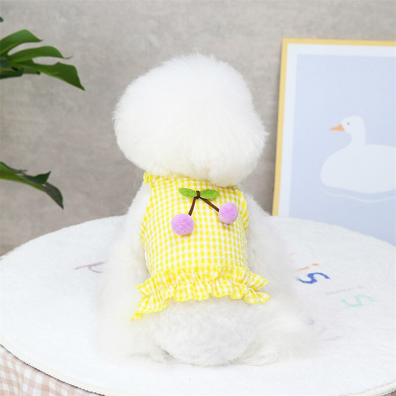 Rochii de vară pentru animale de companie pentru câini de talie mică, cu imprimeu în carouri cu cireșe, haine pentru cățeluși, fustă drăguță, costum prințesă, rochie, îmbrăcăminte pomeranian Yorkshire