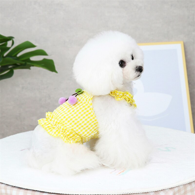 Rochii de vară pentru animale de companie pentru câini de talie mică, cu imprimeu în carouri cu cireșe, haine pentru cățeluși, fustă drăguță, costum prințesă, rochie, îmbrăcăminte pomeranian Yorkshire