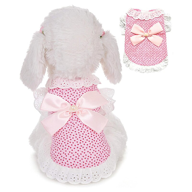 Îmbrăcăminte de pisică de vară Cățeluș de câine Rochie florală elegantă prințesă drăguță, fustă din dantelă de bumbac cu fundă pentru îmbrăcăminte de cuplu de câini de talie mică și medie