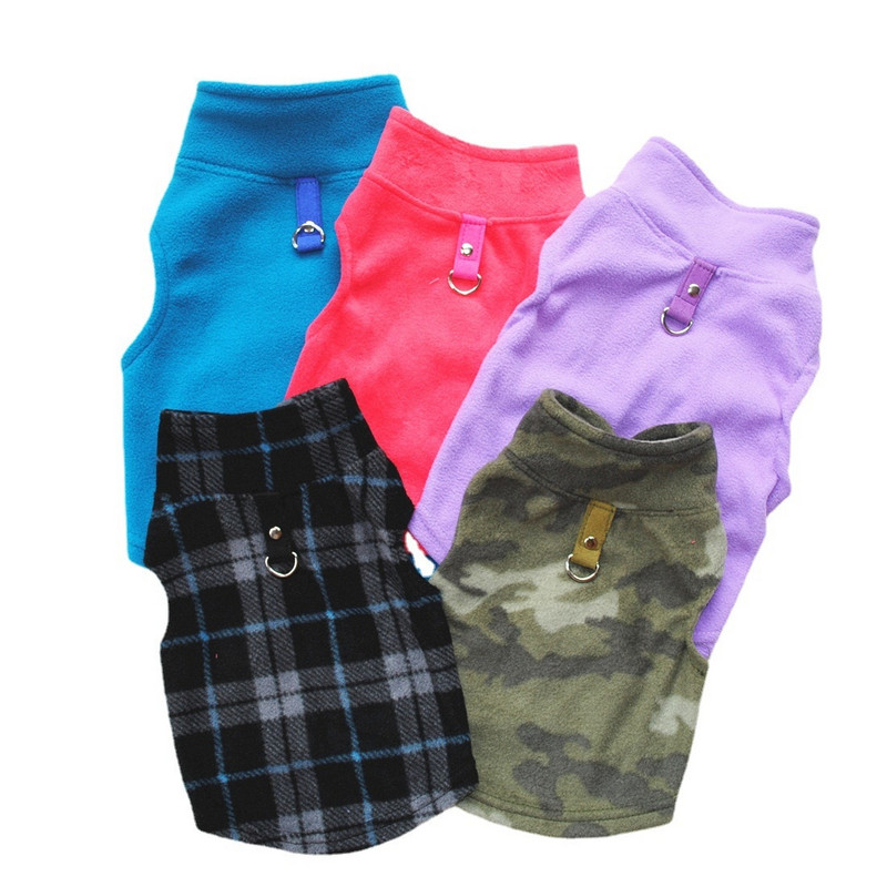 Жилетка за кучета Меки поларени дрехи за малки кучета Тениска за кучета с бонбонени цветове с колан за кучета, каишка D-пръстен Мопс Йоркско яке Палто Кучета