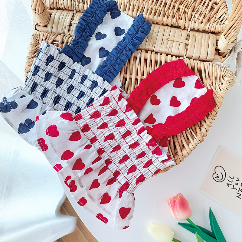 Červeno-modré šaty so srdiečkovým vzorom, oblečenie pre šteniatka a psov, letné módne bavlnené oblečenie pre psov, sukne, oblečenie pre pudelov a čivavy