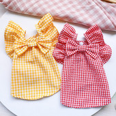 1 ks Roztomilá žlto-červená kockovaná sukňa s mašľou Letné oblečenie pre psov a mačky Malé a stredné psy Kvetinové šaty pre šteniatka Oblečenie pre domáce zvieratá