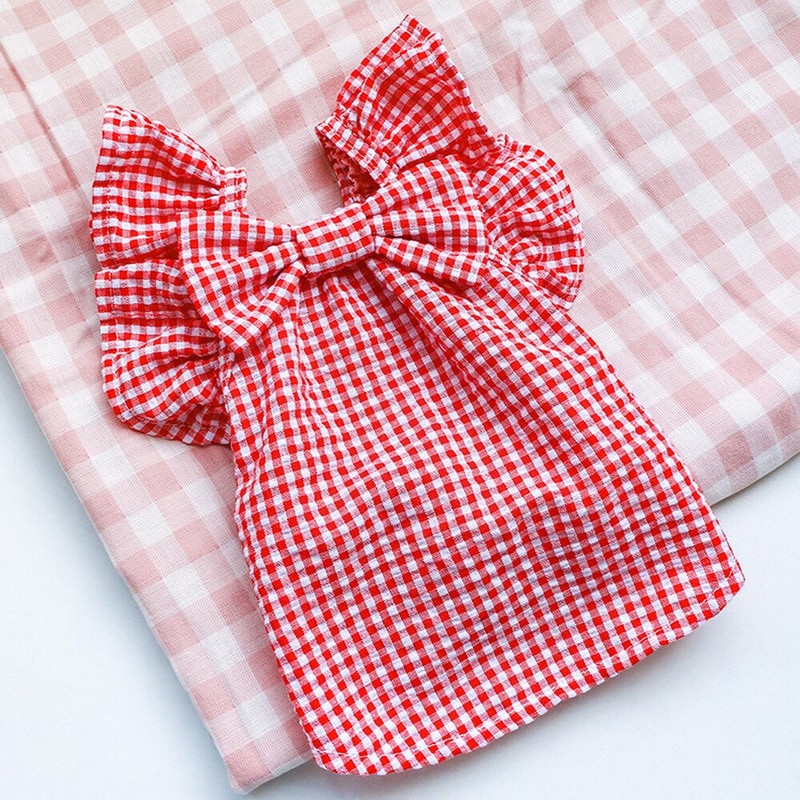 1 ks Roztomilá žlto-červená kockovaná sukňa s mašľou Letné oblečenie pre psov a mačky Malé a stredné psy Kvetinové šaty pre šteniatka Oblečenie pre domáce zvieratá
