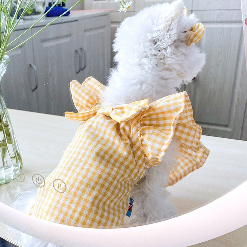 1 ks Roztomilá žlto-červená kockovaná sukňa s mašľou Letné oblečenie pre psov a mačky Malé a stredné psy Kvetinové šaty pre šteniatka Oblečenie pre domáce zvieratá