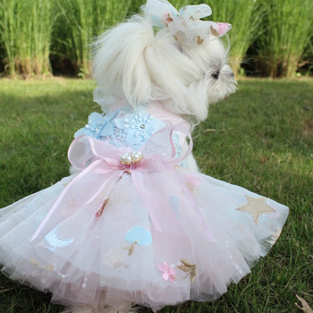 Луксозна модна бродирана рокля с дантелена пачка за кученце, розово, синьо, ръчно изработени дрехи за домашни любимци, рокля за малки кучета, пудел, чихуахуа