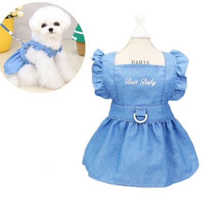 Dog Clothes for Small Dogs Denim Dress Cute Lace Princess Denim Skirt for Girl Dog Puppy Cat Costume Pet Outfits with Leash Ring