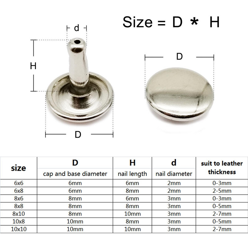 50 rinkinių 6/8/10 mm Aukštos kokybės metalinis dvigubas dangtelis, šoninis apvalus kniedės, odinis diržas, piniginės krepšys, batų drabužiai, nagų galvutės smaigalys su įrankiu