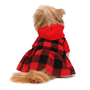 Καρό φόρεμα με κουκούλα σκύλου Ζεστό μαλακό πουλόβερ φούστα σκύλου με καπέλο φθινοπωρινά και χειμερινά ρούχα για κατοικίδια