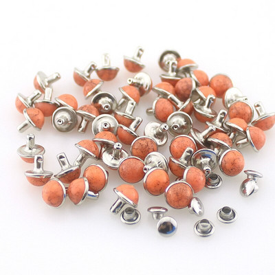 100 komplekti / kott Läbimõõt 8 mm Värvilised akrüülist türkiissinised ja messingist needid naha jaoks Rhinestoni naelad riidekottide jaoks DIY tarvik