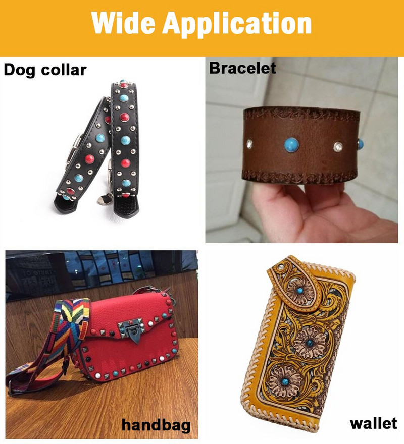 100 komplekti / kott Läbimõõt 8 mm Värvilised akrüülist türkiissinised ja messingist needid naha jaoks Rhinestoni naelad riidekottide jaoks DIY tarvik