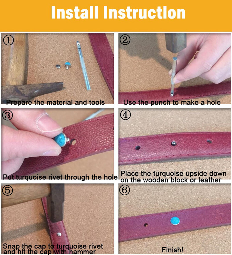 100 komplekti / kott Läbimõõt 8 mm Värvilised akrüülist türkiissinised ja messingist needid naha jaoks Rhinestoni naelad riidekottide jaoks DIY tarvik