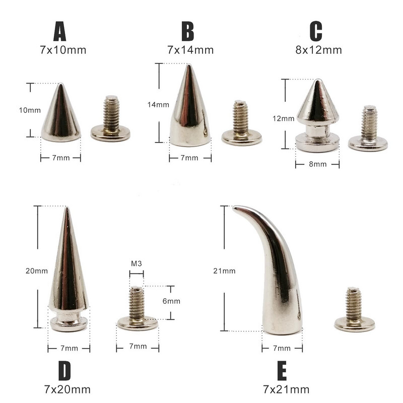 10 rinkinių Metal Decor Punk Bullet Sharp Spike Cone Atsukamas atgal Kniedės Stud Taškas Nagas "Pasidaryk pats" Odinis krepšys Diržas Drabužiai Striukė Batai