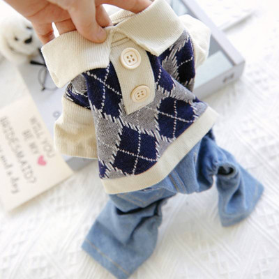 Ruuduline lemmikloomade kampsun, teksapükstega kombinesoon, kollane hall sügisene kevadine koerapoisi ja tüdruku ülikond Shih tzu kutsika rõivakomplektid