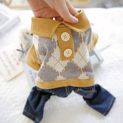 Ruuduline lemmikloomade kampsun, teksapükstega kombinesoon, kollane hall sügisene kevadine koerapoisi ja tüdruku ülikond Shih tzu kutsika rõivakomplektid