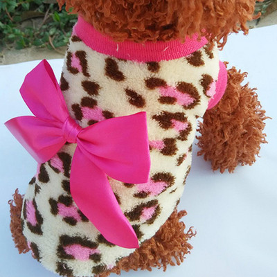 Dog Cothes Pet Cat Sets Leopard Bowknot Clothes Coral Fleece Puppy Clothes Apparel Costume