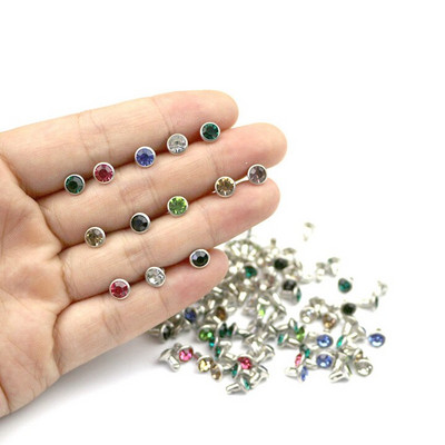 50Komplektid 6mm Värvus Kristall Rhinestone Hõbedane Needid Diamante Stud DIY Käsitöö Riietus Nahk Dekoor Rebite Spikes Klaas Puuri Nael