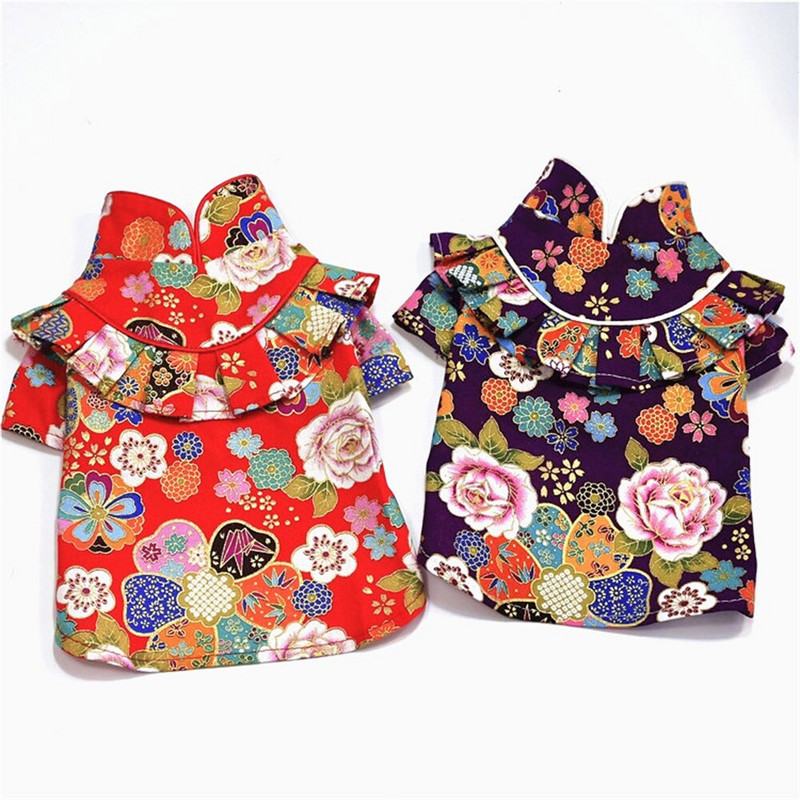 Costum Tang pentru animale de companie Cămașă Cămașă pentru câini Haine pentru pisici Broderii Flori Rochii în stil chinezesc pentru animale de companie Costum de Anul Nou Accesorii pentru pisici