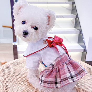 Ανοιξιάτικο Καλοκαίρι Λεπτά ρούχα για σκύλους κολεγιακό στυλ Ρούχα για κατοικίδια Ζευγάρι Μικρό σκύλος γάτα Ρούχα πλέγμα παπιγιόν ντυμένος για κουτάβι κορίτσι