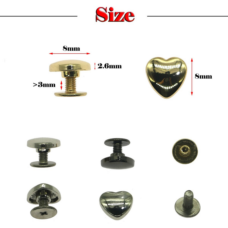 8 mm malé skrutky, nity do srdca, puzdrá na tašku, spony na tašku, DIY kožené doplnky do kovu, 3 druhy farieb