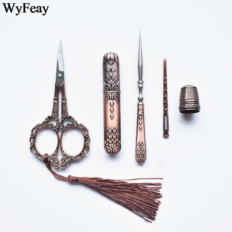 Retro žirklių rinkinys Išskirtinės vintažinės žirklės + adatos laikymo vamzdelis + yla + sriegis + antpirštis, siuvinėjimas, siuvimo žirklės, siuvimo reikmenys