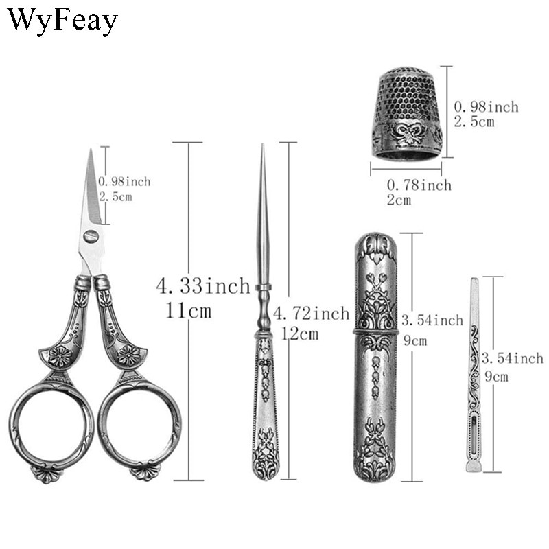 Retro sada nožníc Vintage nožnice Úložná trubica na ihly Šidlo Navliekač nite Náprstok Vyšívacie nite Krajčírske nožnice Šijacie nástroje DIY