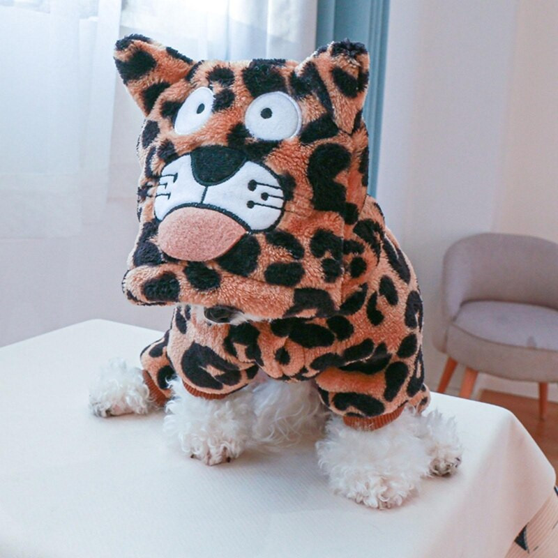 Armas kostüüm Leopard Lemmiklooma kostüüm Loomade kapuuts, soe riietus riidest leopardi teemaline koer Halloweeni uusaasta kostüüm Y5GB