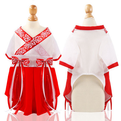 Домашни любимци Китайски стил Ханфу пола Чанта чанта Шифон Котка Куче Рокля Дрехи с два крака Дрехи за кученца Пролетни рокли Стоки за домашни любимци