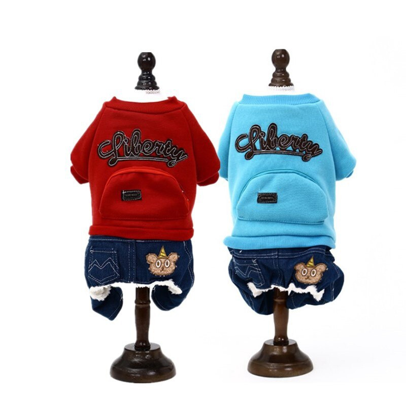 Jesenný a zimný nový džínsový prešívaný vyšívaný zahustený bavlnený kabát so štyrmi nohami vhodný pre malé domáce zvieratá na udržanie tepla