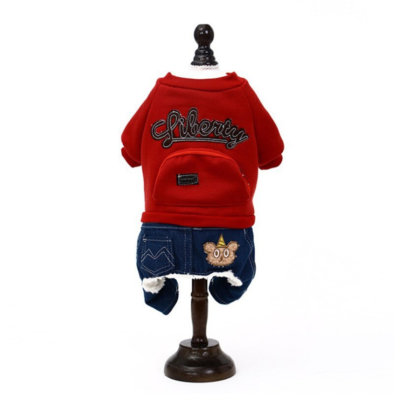 Jesenný a zimný nový džínsový prešívaný vyšívaný zahustený bavlnený kabát so štyrmi nohami vhodný pre malé domáce zvieratá na udržanie tepla