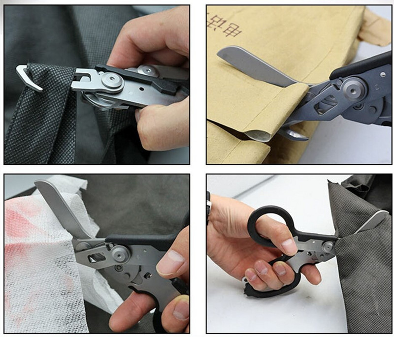 Daugiafunkcinės „Raptors“ avarinio reagavimo žirklės su juostelių pjaustytuvu ir stiklo daužikliu sulankstomos replės saugos plaktuko rankiniai įrankiai