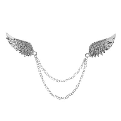 Módna brošňa s kamienkami, detailná dvojitá retiazka s anjelskými krídlami, strapce, oblek, klopa, golier košele, brošňa na pánske doplnky