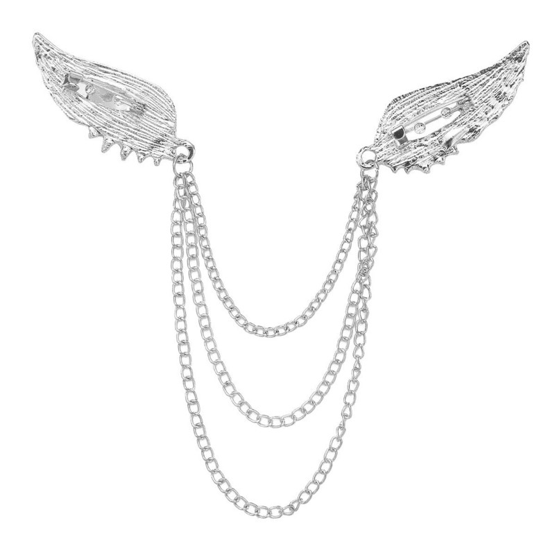 Módna brošňa s kamienkami, detailná dvojitá retiazka s anjelskými krídlami, strapce, oblek, klopa, golier košele, brošňa na pánske doplnky